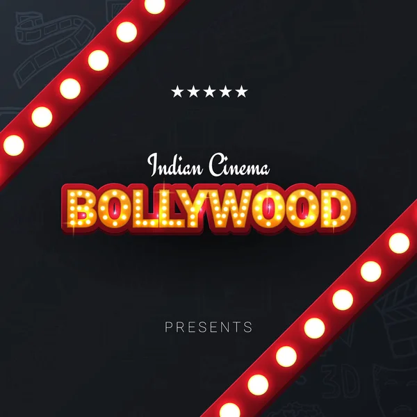 Bollywood-indisches Kino. Filmbanner oder Poster im Retro-Stil mit handgezeichnetem Doodle-Hintergrund. — Stockvektor