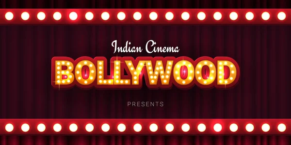 Bollywood-indisches Kino. Filmbanner oder Poster im Retro-Stil mit Theatervorhang. — Stockvektor