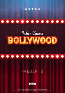 Bollywood indian cinema. Movie banner or poster in retro style with theatre curtain. clipart