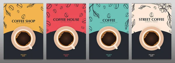 Tasse Kaffee. Satz Skizzenbanner mit Kaffeebohnen und Blättern auf buntem Hintergrund für Poster oder ein anderes Template-Design. — Stockvektor