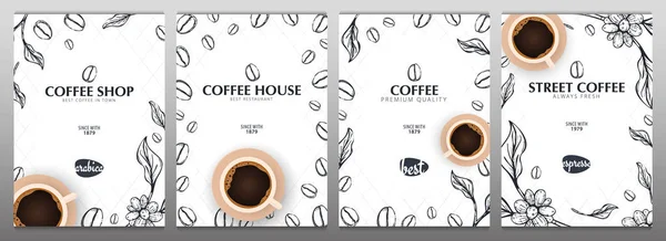 Tasse Kaffee. Skizzenbanner mit Kaffeebohnen und Blättern für Poster oder andere Vorlagen. — Stockvektor