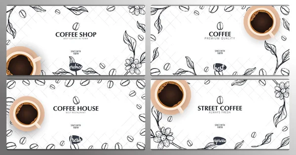 Una taza de café. Conjunto de pancartas Sketch con granos de café y hojas para póster u otro diseño de plantilla . — Vector de stock