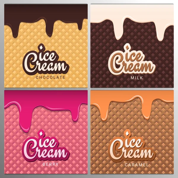 Set de pancartas de helado con fondo de oblea. Menú de café, cartel de postre de helado, diseño de envases de alimentos . — Archivo Imágenes Vectoriales