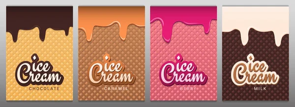 Set van Ice Cream banners met wafer achtergrond. Cafe menu, Ice Cream dessert poster, voedsel verpakking ontwerp. — Stockvector