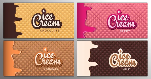 웨이퍼 배경 아이스크림 배너 세트입니다. 카페 메뉴, 아이스크림 디저트 포스터, 식품 포장 디자인. — 스톡 벡터