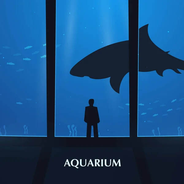 Grand Aquarium ou Océanarium avec requin. Les gens regardent le monde sous-marin . — Image vectorielle