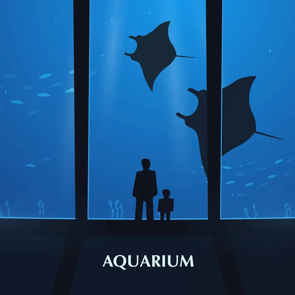 Big Aquarium or Oceanarium With crampfish. People with children watching the underwater world. — Stock Vector