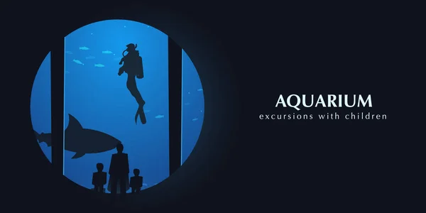 Grande Aquário ou Oceanário com tubarão. Pessoas a ver o mundo subaquático . —  Vetores de Stock