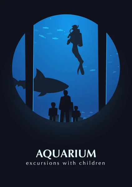 Grand Aquarium ou Océanarium avec requin. Les gens regardent le monde sous-marin . — Image vectorielle