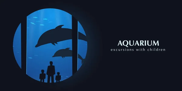 Big Aquarium or Dolphinarium With dolphin. People with children watching the underwater world. — Stock Vector