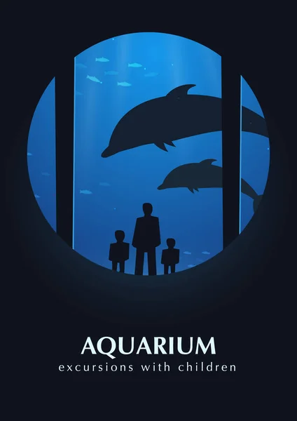 Acquario grande o delfinario con delfino. Persone con bambini che guardano il mondo sottomarino . — Vettoriale Stock