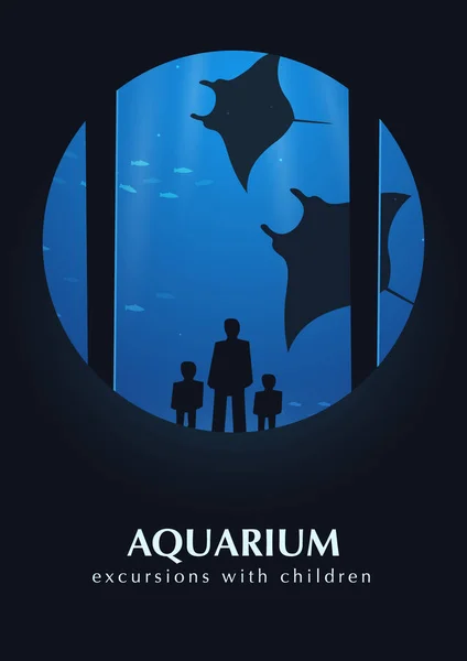 Acquario grande o Oceanario con pesci rampicante. Persone con bambini che guardano il mondo sottomarino . — Vettoriale Stock