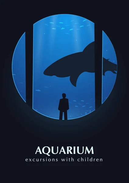 Grand Aquarium ou Océanarium avec requin. Les gens regardent le monde sous-marin . — Image vectorielle