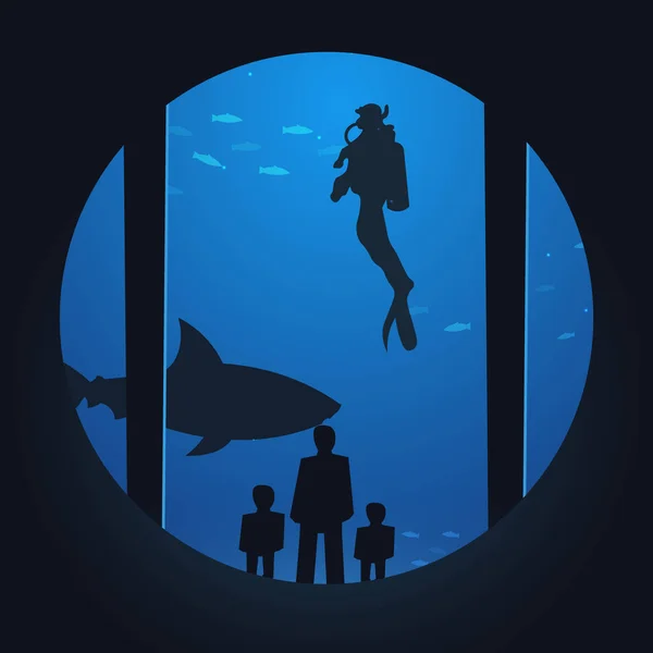 Big Aquarium or Oceanarium With shark. People watching the underwater world. — Stock Vector