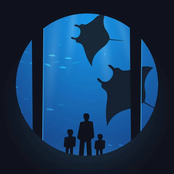 Großes Aquarium oder Ozeanarium mit Krabbenfischen. Menschen mit Kindern beobachten die Unterwasserwelt. — Stockvektor