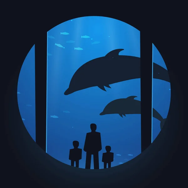 Big Aquarium ou Dolphinarium com golfinho. Pessoas com crianças a ver o mundo subaquático . —  Vetores de Stock