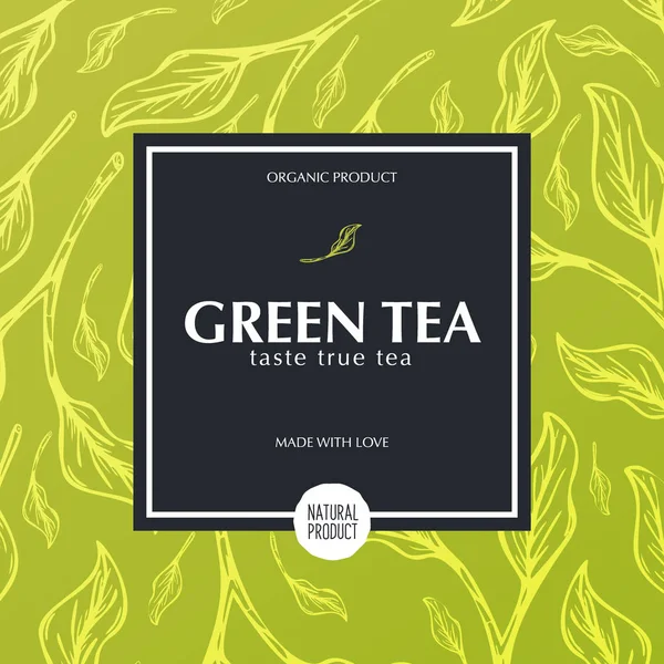 Groene thee banner met hand getrokken bladeren op de achtergrond. — Stockvector