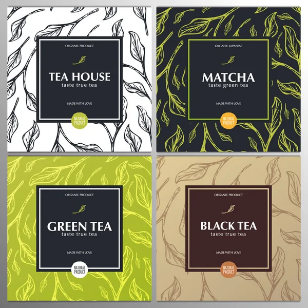 Coleção de banners de chá. Chá verde e preto, chá japonês Matcha. Mão desenhar folhas no fundo . —  Vetores de Stock
