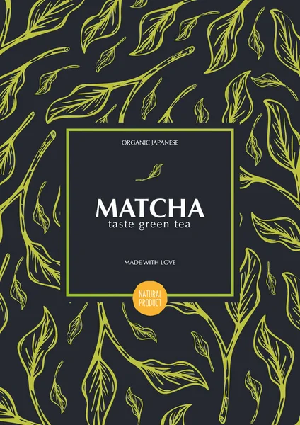 Matcha zöld tea. Szerves japán termék. Banner kézzel felhívni levelek a háttérben. — Stock Vector