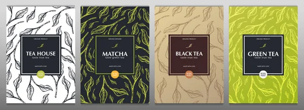 Kolekcja banerów herbaty. Zielona i czarna herbata, Japońska herbata Matcha. Ręczne rysowanie liści na tle. — Wektor stockowy