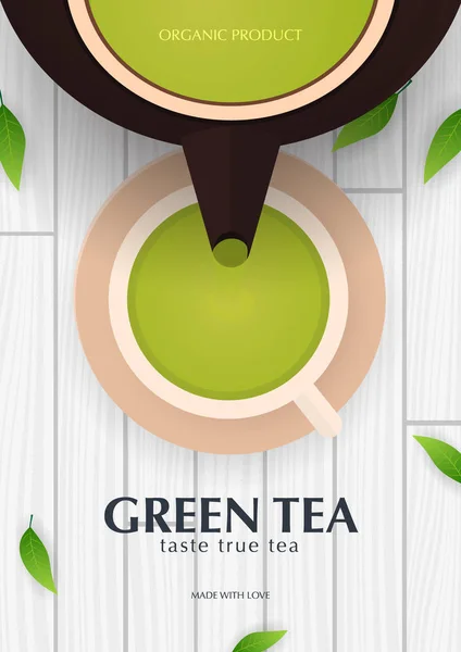 Tea ünnepség csésze és teáskanna. Zöld tea banner levelekkel és fából készült háttérrel. — Stock Vector