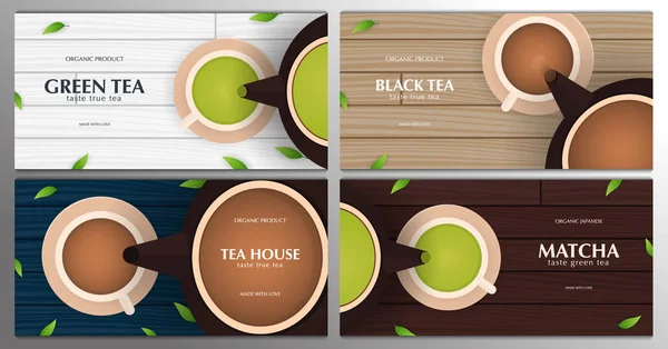 Gyűjtemény banner tea ünnepség csésze és teáskanna. Zöld, fekete és Matcha japán tea levelei és fából készült háttér. — Stock Vector