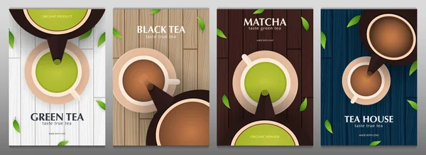 Gyűjtemény banner tea ünnepség csésze és teáskanna. Zöld, fekete és Matcha japán tea levelei és fából készült háttér. — Stock Vector