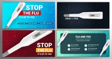 Tıp termometre ile Grip afiş ve infographics seti. Tıbbi el çizmek arka plan.