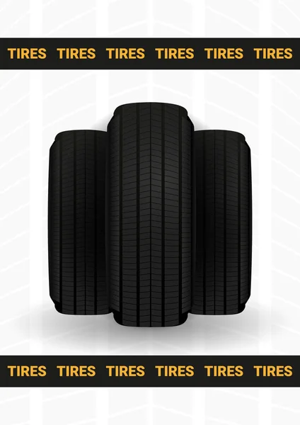 Pneumatici poster pubblicitario auto. Gomma nera sullo sfondo con tracce di pneumatici ruota . — Vettoriale Stock