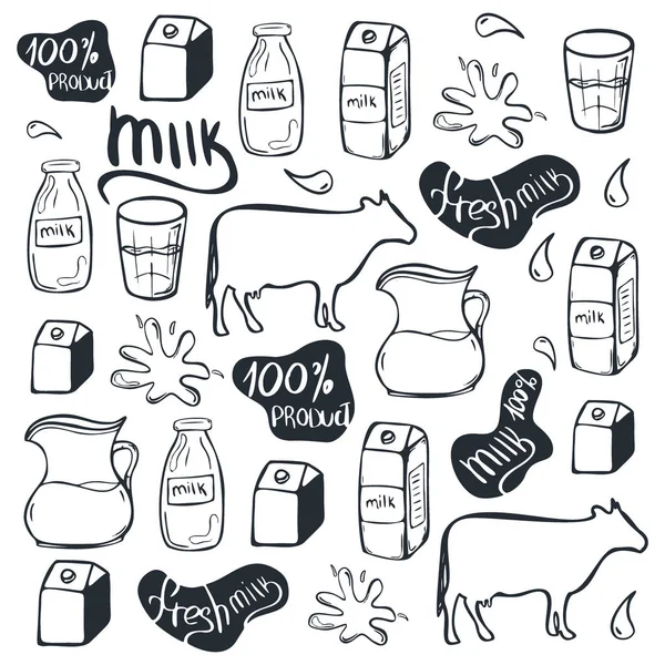 Milchhintergrund. Hand zeichnen Milch Icon Set. — Stockvektor