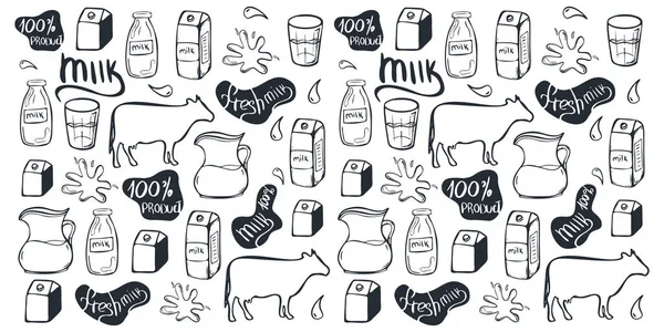 Fondo de leche. mano dibujar la leche icono conjunto . — Vector de stock