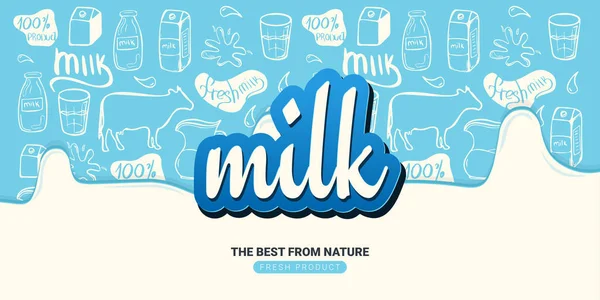 Melk banner met hand draw doodle achtergrond. — Stockvector