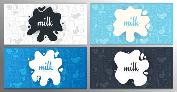 Szett tej fröccsenés bannerek és blot design a kézi felhívni Doodle háttér. — Stock Vector