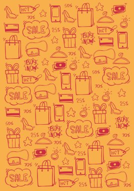 El çizmek doodle simgeleri ile Satış arka plan.