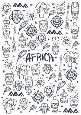 Afrika kelimenin el karalamaları çizin. Renkli illüstrasyon. Çok sayıda nesneiçeren arka plan.