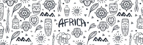 Dibuja a mano garabatos de África. Ilustración colorida. Fondo con muchos objetos . — Vector de stock