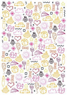 El çizmek Kids doodle arka plan. Çocuk yaşamından nesneler.