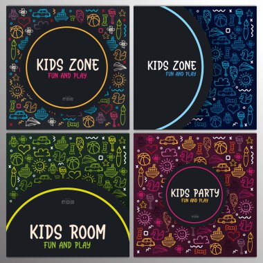 El seti Çocuklar karalama arka planlar çizin. Çocuk yaşamından nesneler.