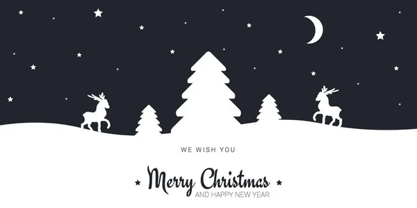 メリークリスマスとハッピーニューイヤーグリーティングカード。木、鹿、星と冬の風景. — ストックベクタ
