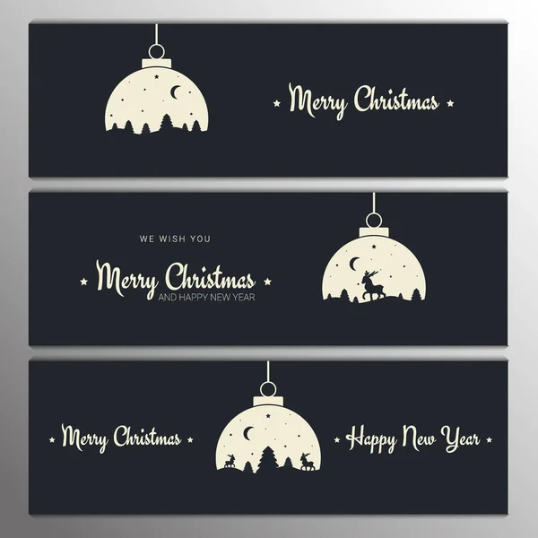Set of banners of Christmas ball with winter landscape inside. Trees, deer and stars. — Stock Vector