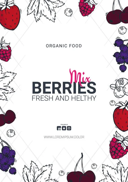 Bogyós banner málnával, eperrel, ribizlivel és cseresznyével. Élelmiszer-tervezési sablon bogyóval. — Stock Vector