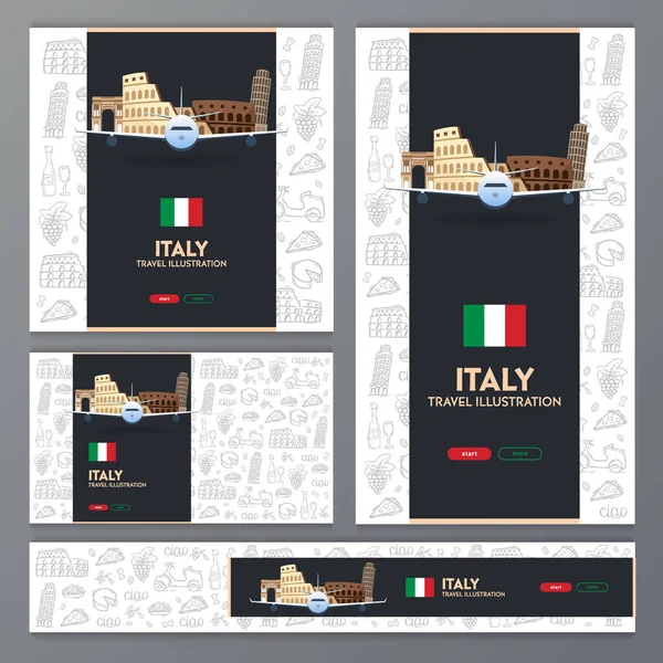 Viaggio in Italia banner. Doodle mano disegnato sfondo. Illustrazione vettoriale . — Vettoriale Stock