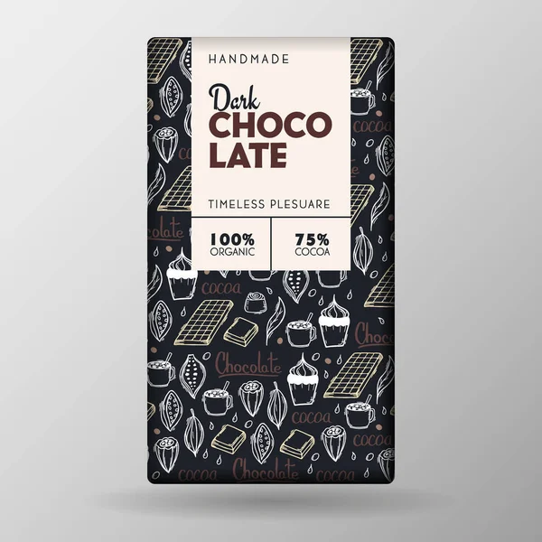 Dark Chocolate Bar Package Design Kézzel rajzolt doodle háttér. Vektorsablon. — Stock Vector