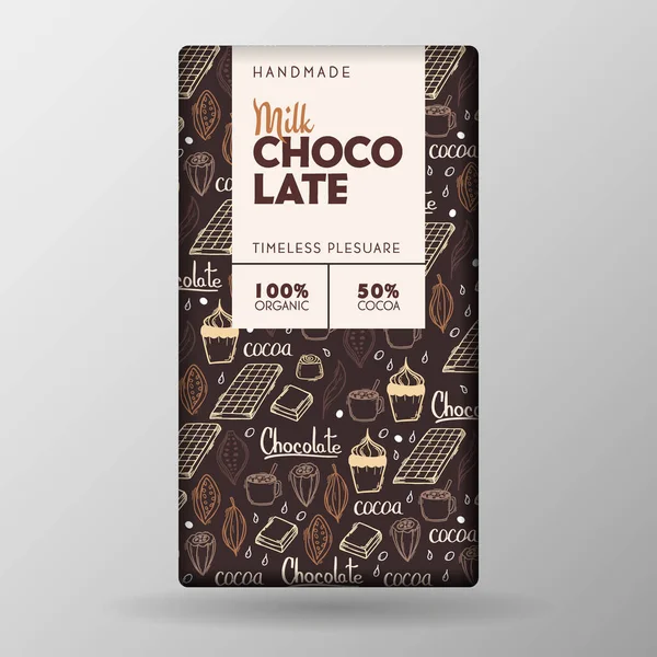 Milk Chocolate Bar Package Design Kézzel rajzolt doodle háttér. Vektorsablon. — Stock Vector
