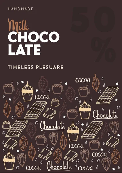 Cartaz de chocolate com mão desenhar fundo doodle. Esboços simples de diferentes tipos de produção de cacau e chocolate . — Vetor de Stock