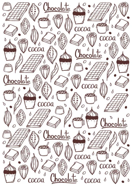 Schokoladenbanner mit handgezeichnetem Doodle-Hintergrund. Einfache Skizzen verschiedener Arten der Kakao- und Schokoladenproduktion. — Stockvektor