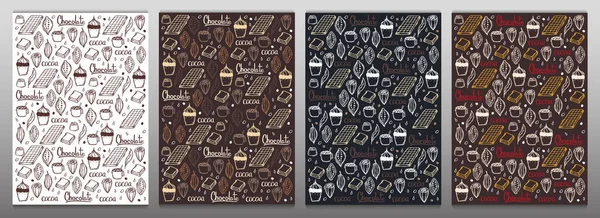 Choklad banner med hand rita klotter bakgrund. Enkla skisser av olika typer av kakao- och chokladtillverkning. — Stock vektor