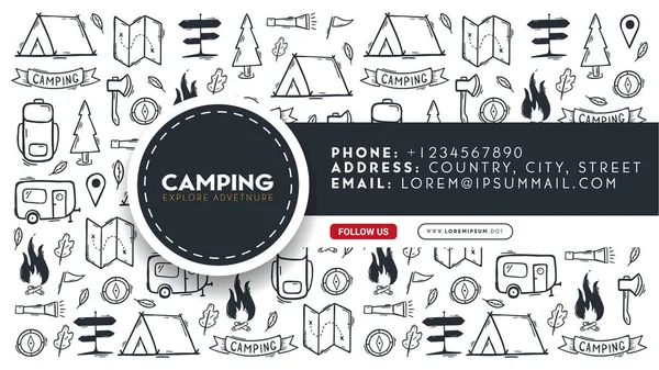 Summer camp. Camping hand draw doodle background. Social Media banner. — Stock Vector