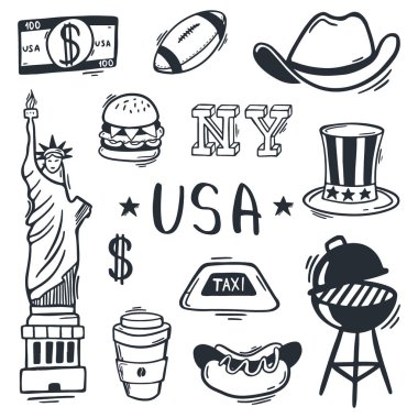 USA Hand popüler semboller ve elementler çiziyor. Vektör illüstrasyonu.