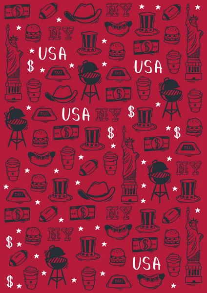 アメリカハンドドロードルの背景を描く。アメリカの人気のシンボルや要素の米国。ベクターイラスト. — ストックベクタ